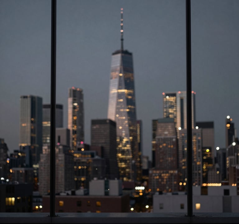Distant view of a modern city skyline at night through a heavy glass pane, dark gray and black tones, soft bokeh, North American / International Business context, cinematic and calm.