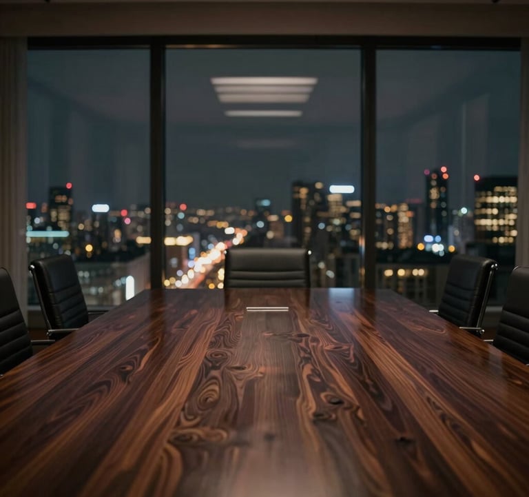 A cinematic, low-light photograph of a high-end, empty boardroom overlooking a city at night. Only the faint outline of a polished dark wood table is visible, reflecting the distant city lights in grey and gold tones.