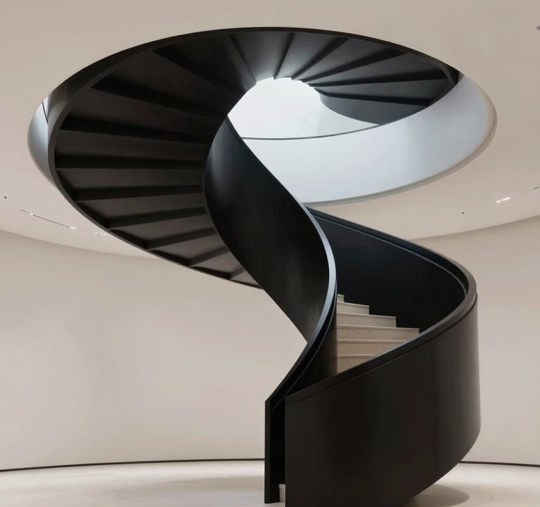 Minimalist photography of a modern staircase spiraling into shadow, architectural precision, clean lines, black and off-white tones, North American / International Business setting.