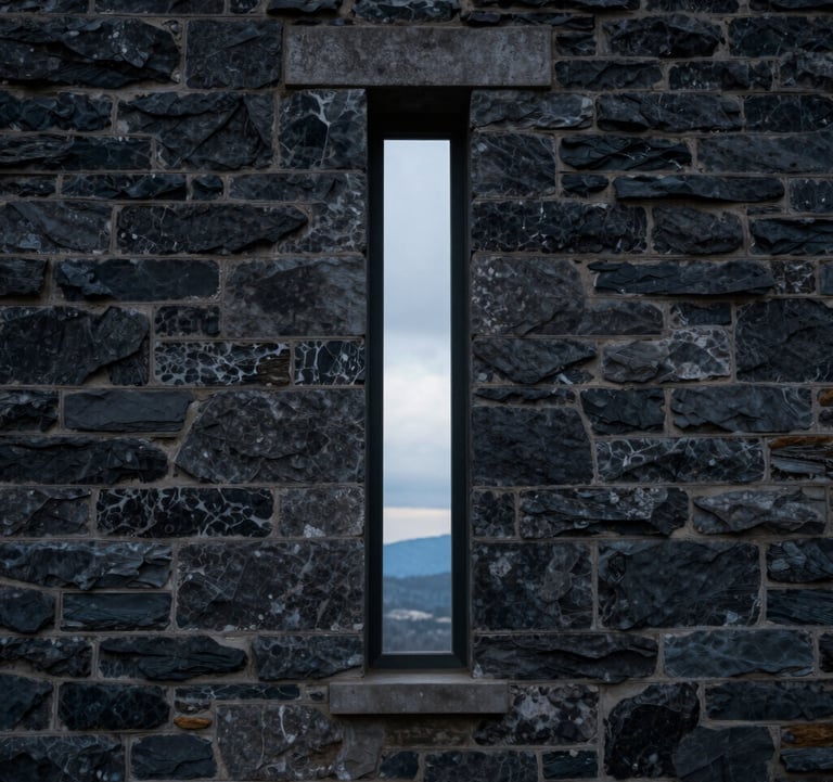Detailed architectural photography of a singular, narrow vertical slit window in a dark stone wall, revealing a glimpse of a cold, high-altitude horizon. The mood is one of focused observation and control. North American / International Business context.