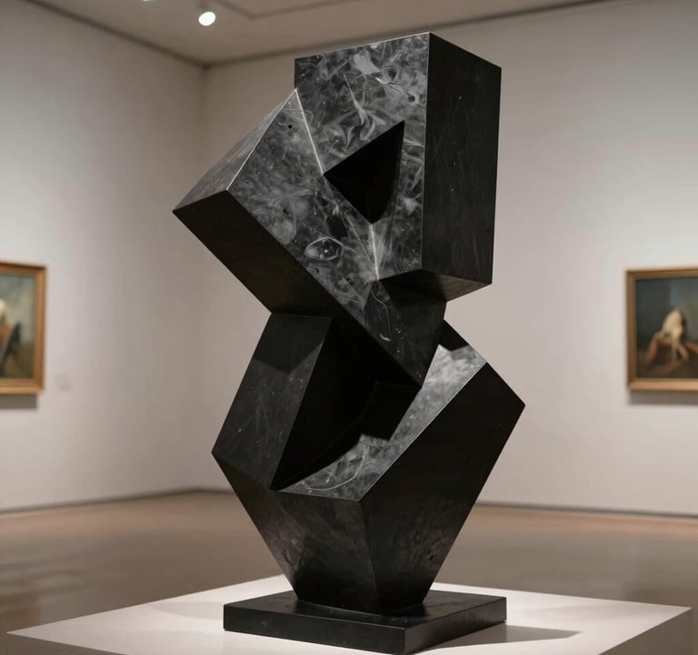 A black-on-black abstract sculpture with geometric angles, positioned in a gallery-like space. The lighting is focused and cinematic, evoking exclusive control.