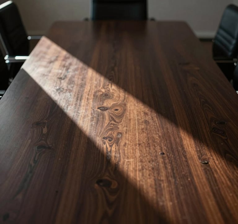 Photography of a geometric shadow cast across a high-end, dark wood surface in a quiet, exclusive boardroom. The composition is off-center and minimalist, reflecting a calm, controlled environment. North American / International Business atmosphere.