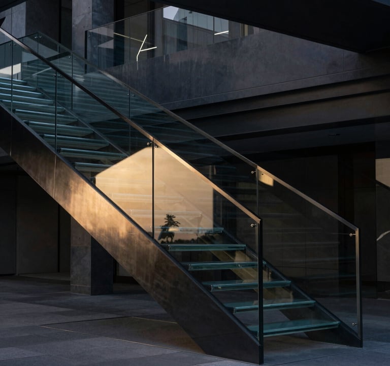 A cinematic, architectural shot of a modern glass staircase in a darkened building, reflecting a subtle gold light. International business aesthetic, sharp and precise.