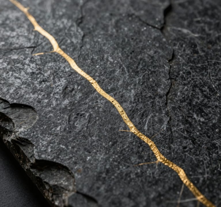 Close-up photography of a dark stone texture with one thin vein of gold, cinematic lighting, editorial style, high-end material, reflecting authority and precision.