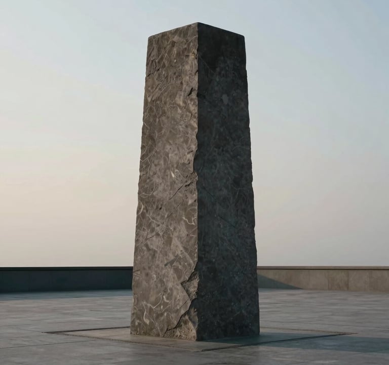 A wide, abstract photograph of a dark stone monolith in a minimalist plaza. The lighting is editorial and somber, emphasizing permanence and authority.