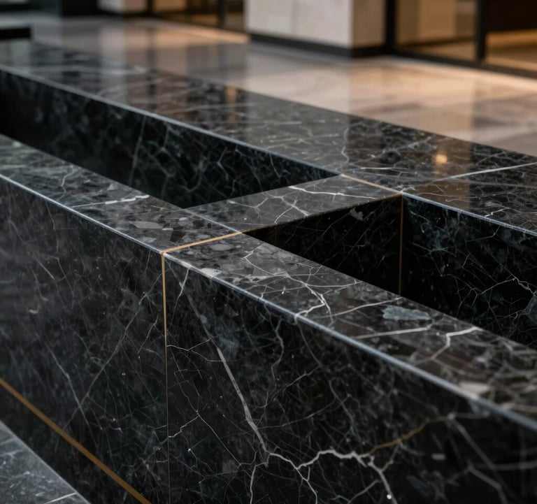 A minimalist, abstract composition of black marble and gold accents in a professional North American / International Business lobby. Cinematic depth of field, sharp focus on the intersecting lines of the stone, representing stability and intellectual precision.