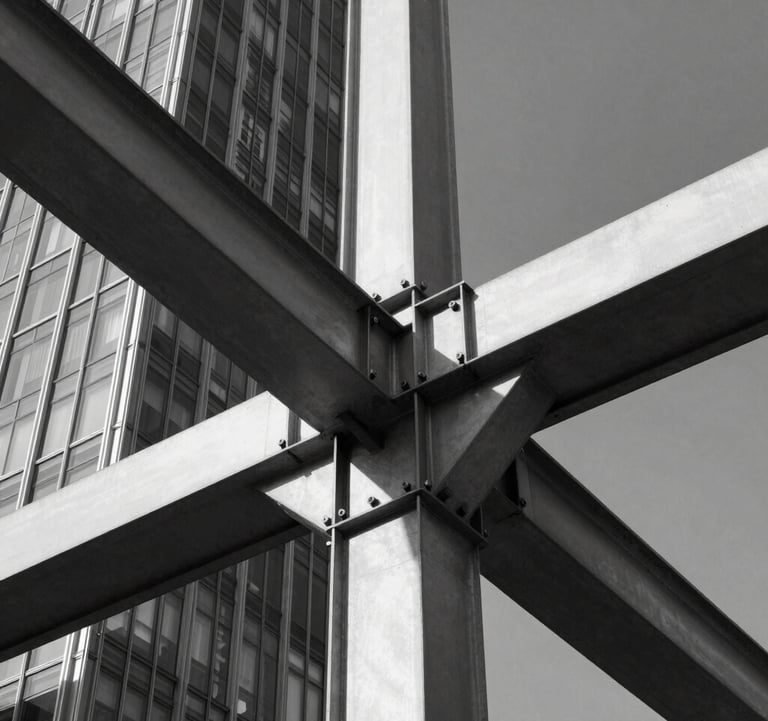 A close-up photography of a structural steel beam and glass joint of a modern skyscraper. The image is monochrome, focusing on the precision of the engineering and the clarity of the lines against a dark sky.