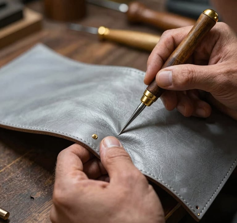 A close-up photograph of a master craftsman's hands working on a premium leather item in a Western European atelier. The lighting is warm and emphasizes the metallic gold finish of the tools and the deep texture of the silver-gray leather.