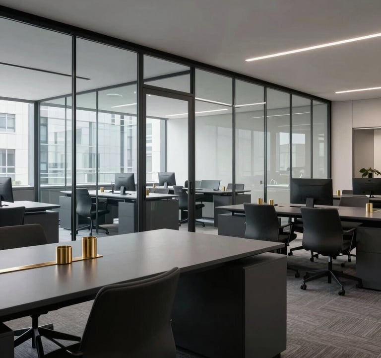 A clean, wide-angle shot of a modern glass-partitioned corporate workspace in London. Minimalist dark gray furniture, metallic gold desk accessories, and a professional, uncluttered atmosphere.