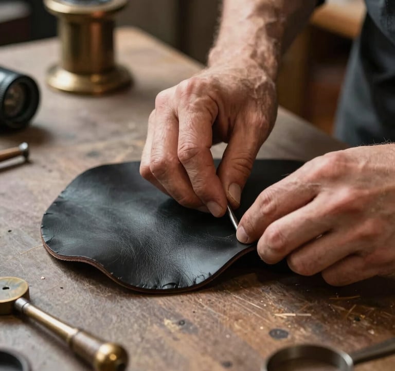 Close-up photography of a master artisan's hands working with thick, premium black leather on a clean workbench. Metallic bronze tools are visible. Soft, warm directional lighting. Western European studio aesthetic.