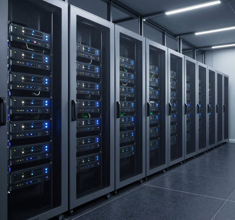 A professional wide-angle shot of a high-tech data center. Metallic silver server racks line a clean, dark charcoal floor, lit with subtle white and blue indicators, representing IT consultancy and infrastructure.