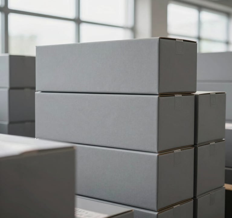 High-end product sourcing photography. A clean, minimal distribution space with matte gray packaging boxes neatly stacked. Bright, natural lighting from large windows. Minimalist, premium corporate feel. Western European logistics environment.