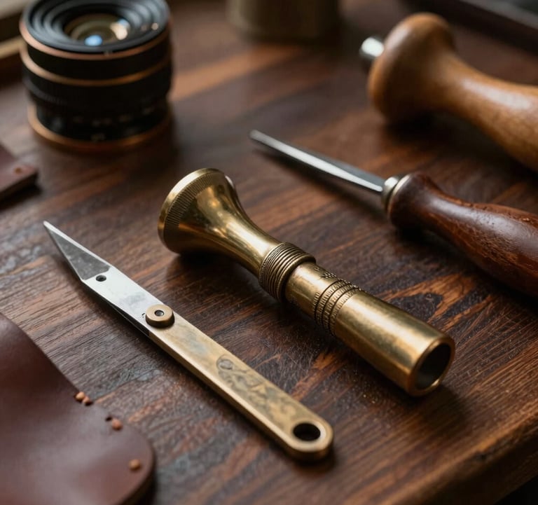 Detailed shot of artisanal leather working tools on a dark oak workbench in a North American studio, soft golden light hitting metallic bronze details, premium craftsmanship aesthetic.