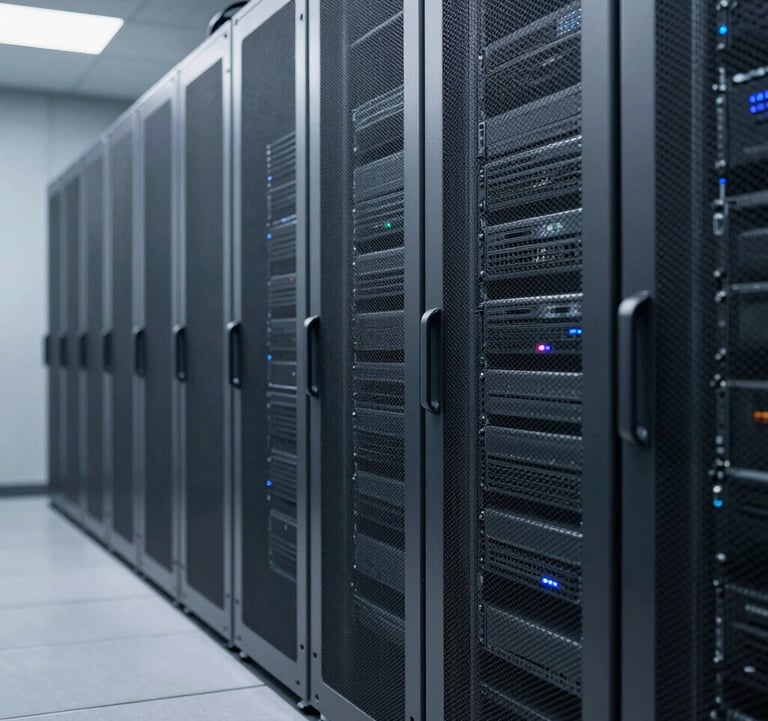 A professional photography shot of a sleek, modern IT server room. The composition uses leading lines, with server racks fading into the distance. Cool silver and dark gray metallic surfaces. North American corporate data center style.