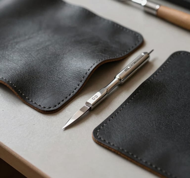 A detailed macro photograph of premium dark charcoal leather hides and polished silver crafting tools on a minimalist workbench. Soft, natural lighting in a North American / Western European design studio.