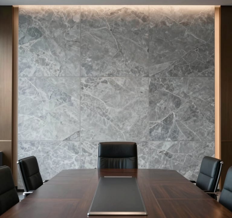 Cinematic photography of a minimalist executive boardroom with a silver stone wall and subtle metallic bronze lighting. Sophisticated and authoritative North American corporate setting.