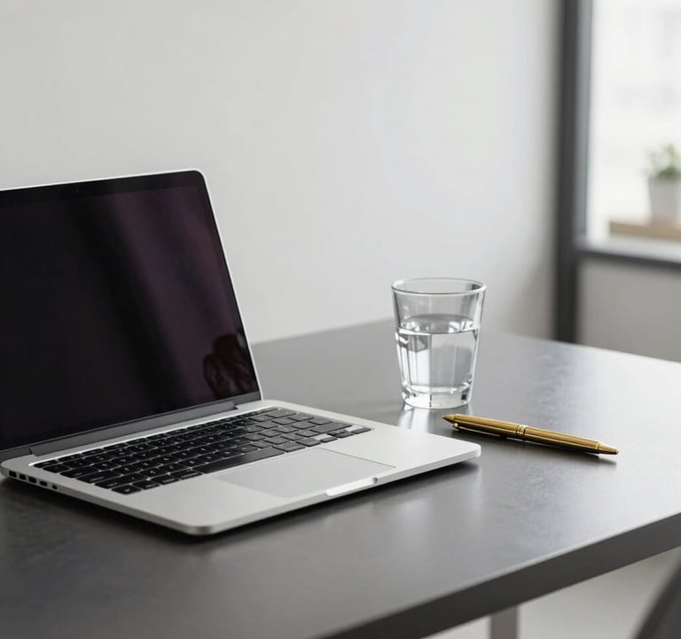 A minimalist workspace featuring a high-end silver laptop on a polished charcoal desk. Beside it sits a crystal water glass and a gold-nibbed pen. The setting is a clean, modern North American office with soft natural light.