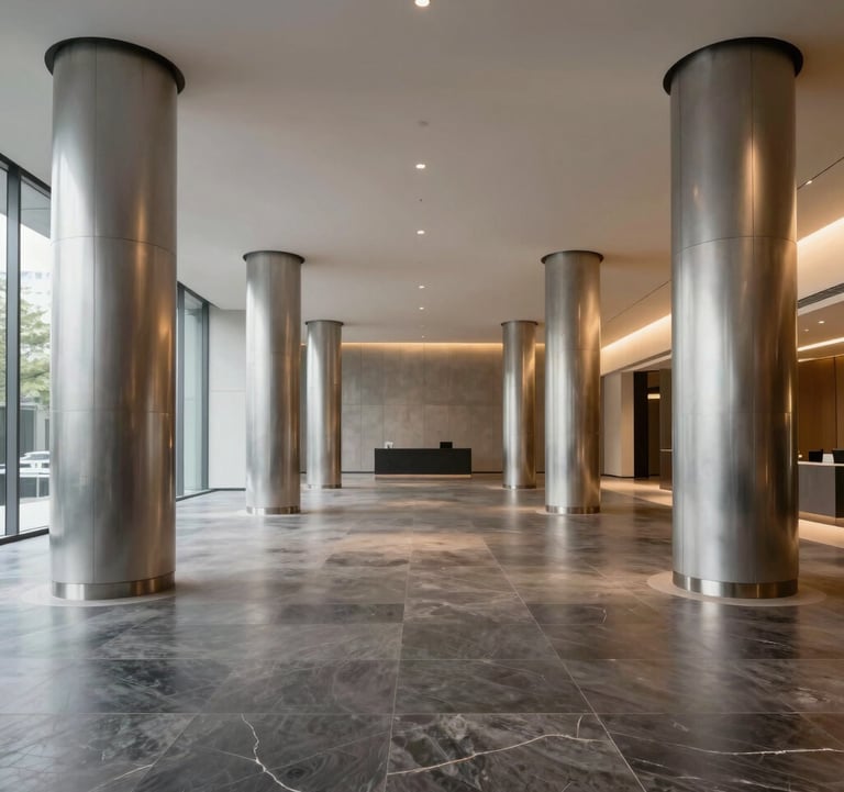 A wide, low-angle shot of a minimalist corporate lobby in North America, featuring silver metal pillars, charcoal marble floors, and a soft golden glow from recessed architectural lighting.