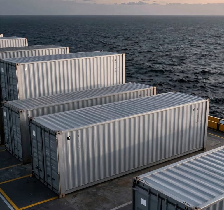A high-contrast, professional photography shot of a modern shipping terminal at twilight. The scene showcases silver metallic containers and a dark charcoal ocean, representing global trade and ecommerce logistics.