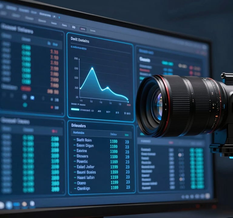 Sleek corporate technology photography, macro close-up of developer analyzing complex data visualization on a screen, cool-toned studio lighting, deep slate background with subtle electric blue backlight, 35mm lens