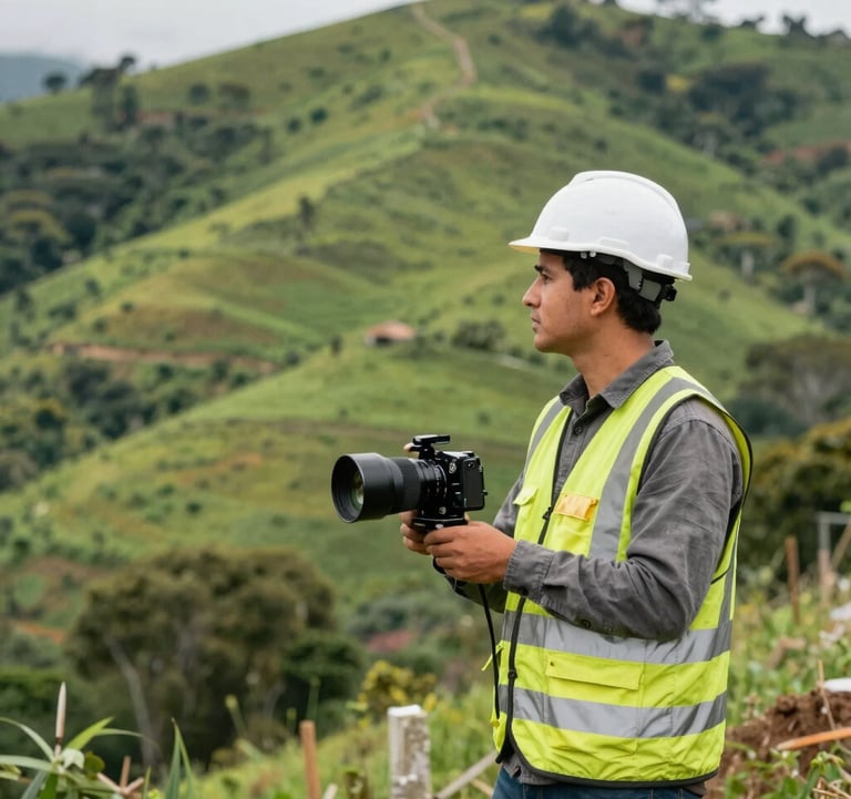 A professional surveyor in safety gear working on a lush green Colombian hillside, capturing the active development and growth of the project.