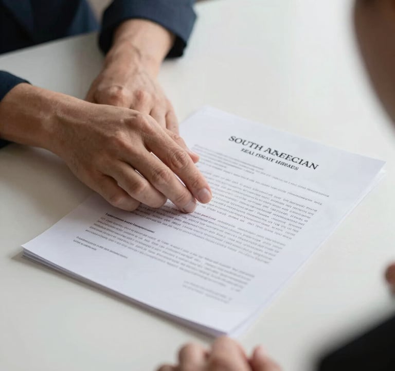 A close-up shot of hands shaking over a legal document on a minimalist white desk, symbolizing trust and successful investment in the South American real estate market.