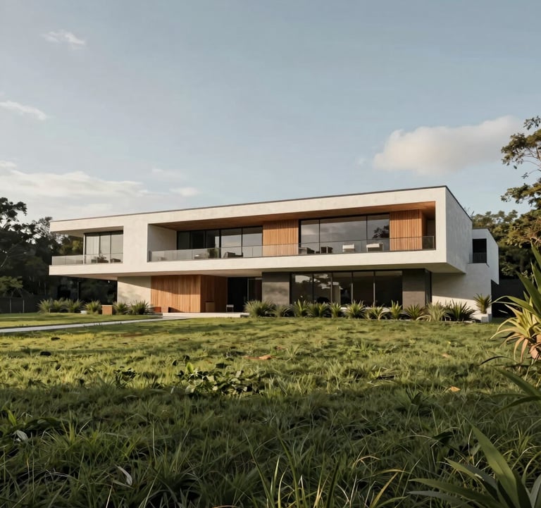 Elegant architecture sketch of a modern villa placed on a real-life photograph of a Colombian grassy lot, showing potential and vision.