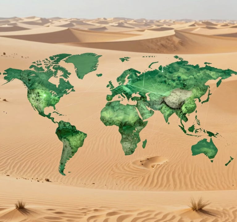 A conceptual digital rendering of a global network connecting green hubs in deserts across different continents, signifying the financial and environmental impact. Uses shades of #306B70 and #9CB887.