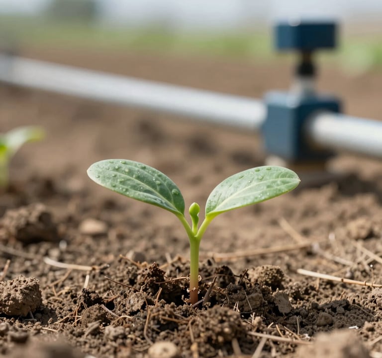 A close-up shot of a seedling emerging from arid soil, with advanced irrigation technology visible in the background. Inspired by #9CB887 and #1C3A2D.