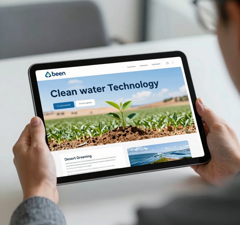 A digital tablet screen displaying a professional presentation about clean water technology and desert greening, held by a person in a modern office. Clean, sharp focus, reflecting a sense of growth and innovation.