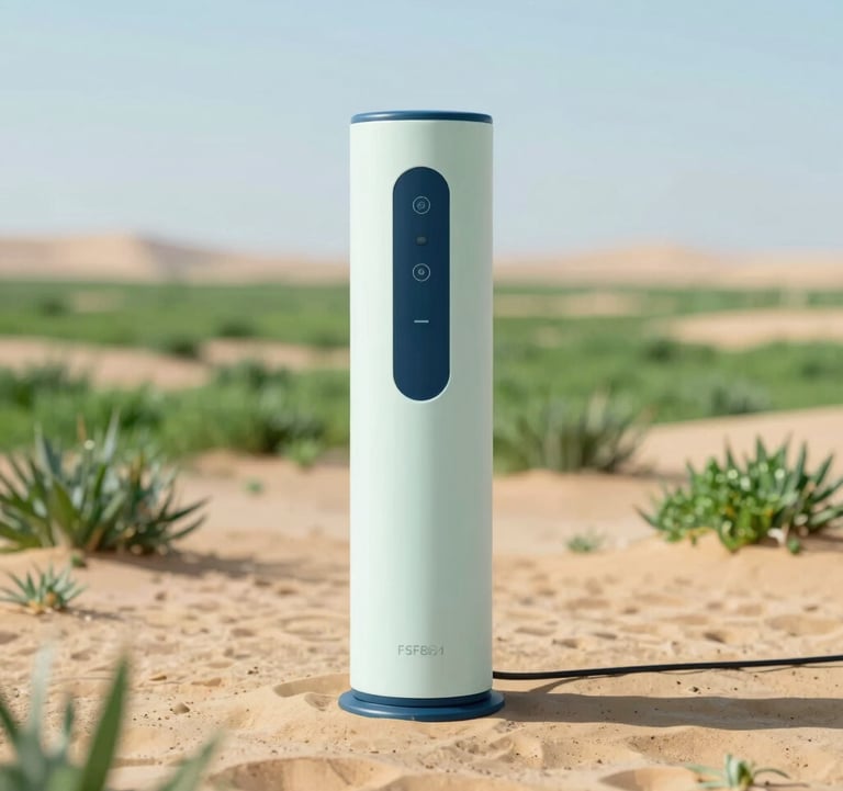 A professional shot showing innovative, sleek water technology hardware standing against a backdrop of successfully greened desert land, emphasizing sustainable innovation. The palette features #306B70 and #F5F8EF accents.