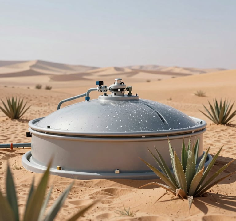 Dynamic image showing a futuristic desalination unit operating in a desert, with healthy green plants growing around it. Sunlight highlights the water droplets, suggesting freshness and sustainability.