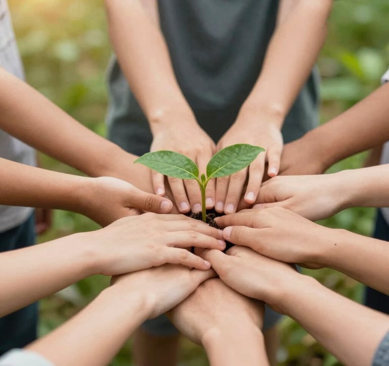 Close-up of a diverse group of hands coming together over a green plant sprout, symbolizing community and collective environmental action. Lighting is bright and warm, using #9CB887 tones.