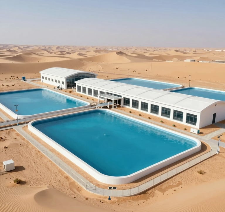 Wide shot of an innovative water desalinization or filtration plant integrated into a desert landscape, clean architecture, eco-friendly look.
