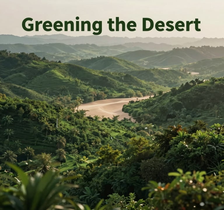 A high-quality rendering of a thriving green landscape where there was once sand, demonstrating the 'Greening the Desert' concept. Colors include deep forest green and soft morning light.