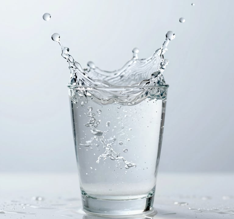 Crystal clear water splashing into a glass, high-speed photography, bright and airy feel, representing purity and life.