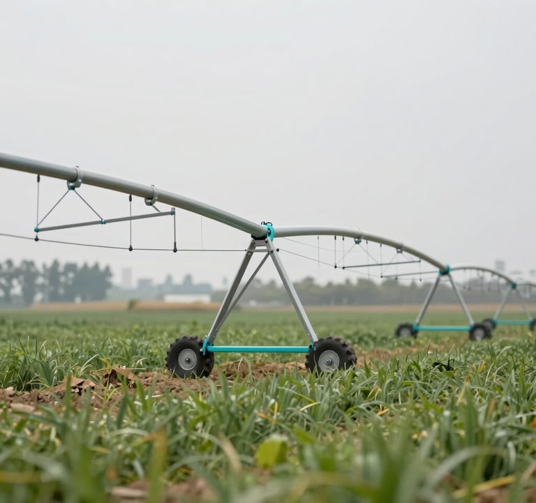 Modern sustainable irrigation technology working in a field, clean lines, minimalist design, teal highlights on metallic surfaces.