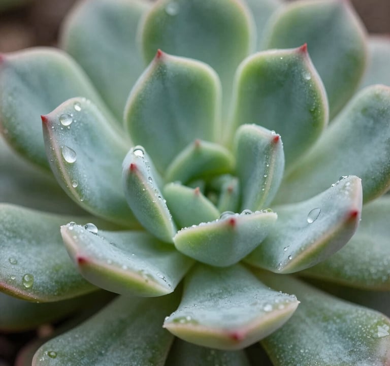 Macro photography of clear, sparkling water droplets on a healthy desert succulent leaf. The focus is sharp on the water, representing purity and life. Colors evoke the #1C3A2D and #F5F8EF palette.