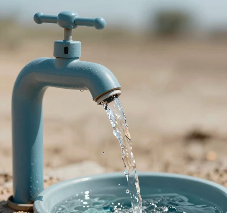 Close-up of clean water flowing from a high-tech spout in a dry landscape, representing innovative solutions for drinking water. Colors feature #306B70 and #F5F8EF.