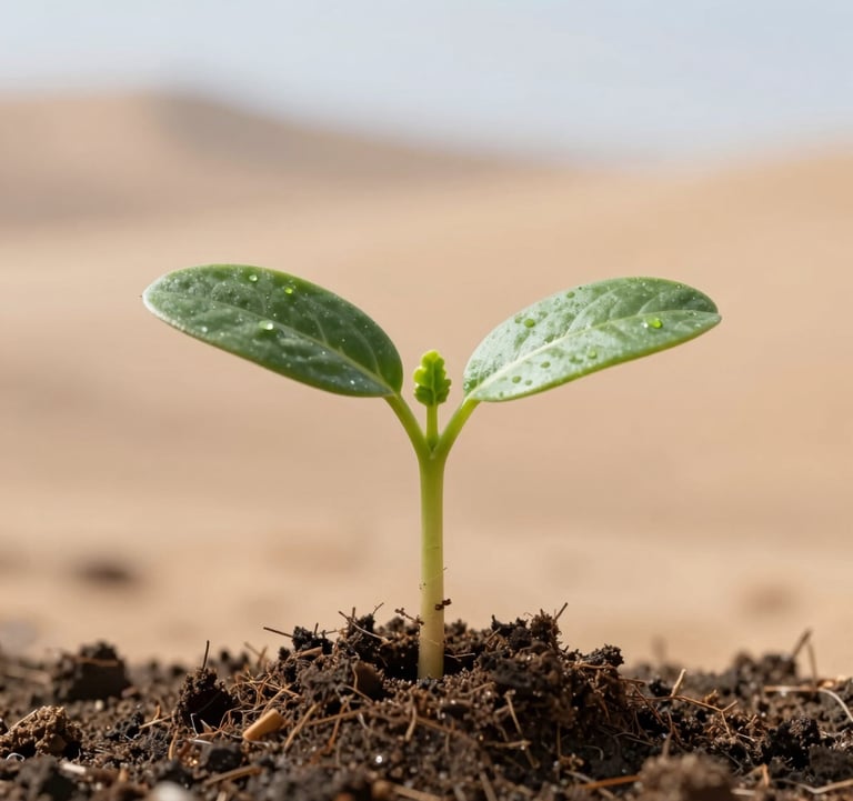 Close-up of a vibrant green seedling sprouting from fertile dark soil with a blurred desert background, soft lighting, showcasing growth and hope.