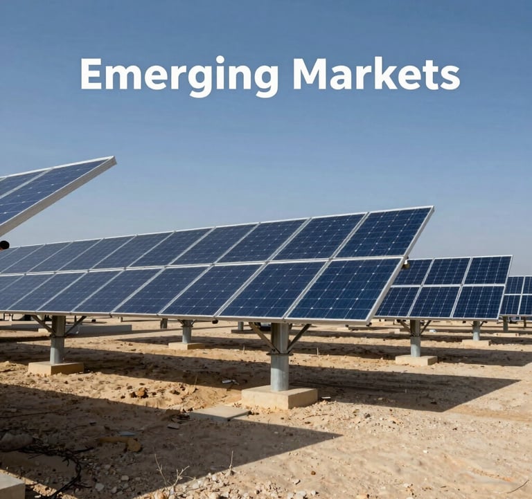 A professional photograph of a renewable energy project in the Middle East, featuring solar arrays under a clear sky blue, symbolizing energy sector focus in Emerging Markets.