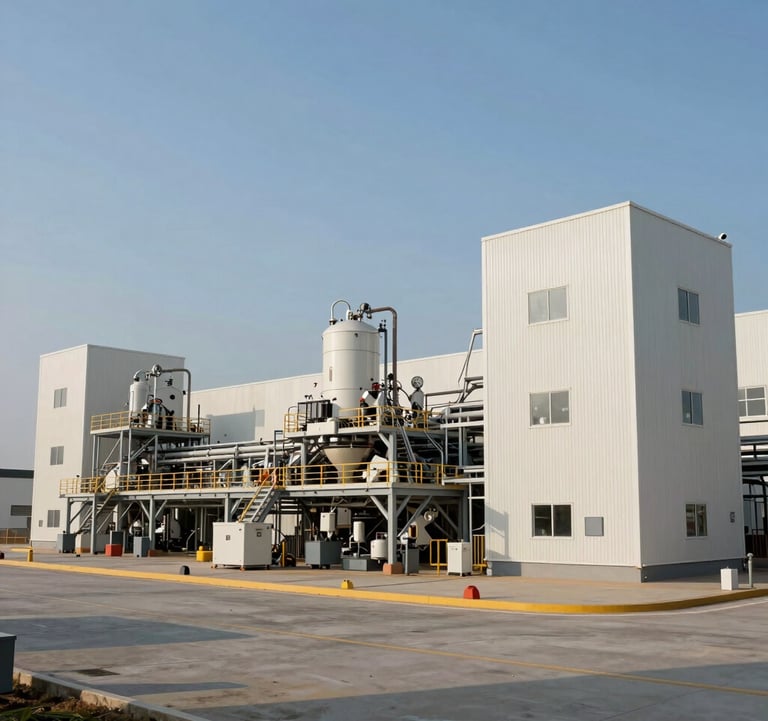 Clean, professional photography of a modern mining operation facility in Global / Emerging Markets. Wide-angle shot focusing on sophisticated technology and industrial excellence, under a clear daylight sky with off-white and medium blue tones.