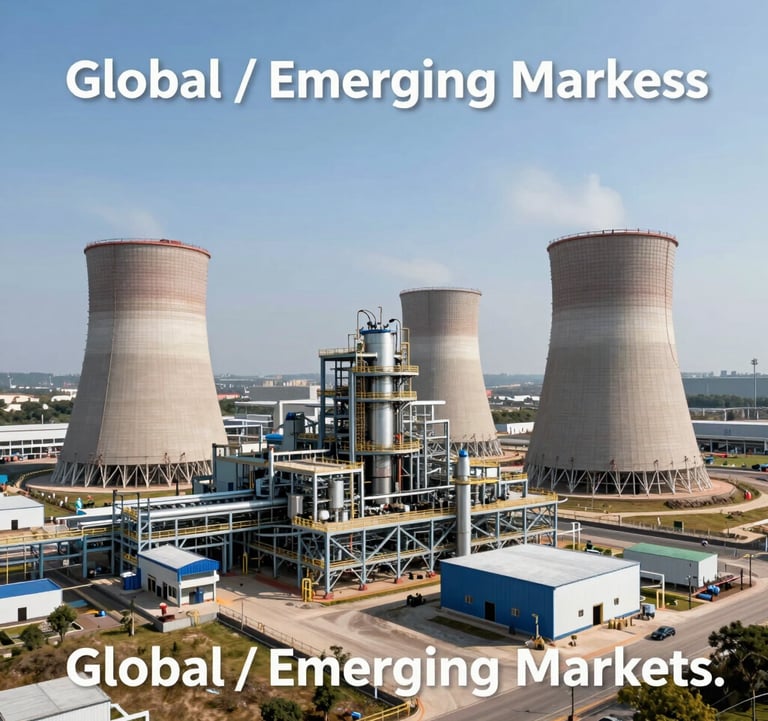 Industrial photography of a high-tech energy infrastructure site or modern mining operation located in a vast landscape. The image is clean and bright, emphasizing rigorous discipline and execution. Global / Emerging Markets.