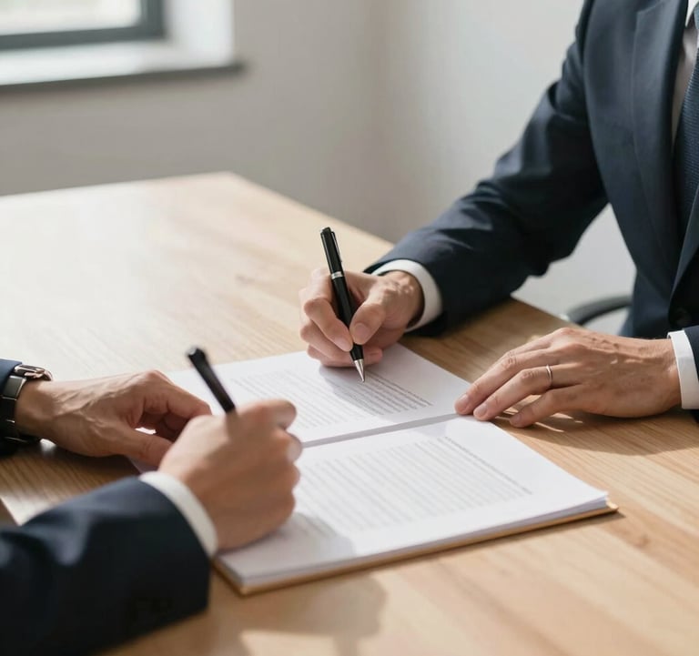 A professional close-up of two executives in formal attire signing a contract in a minimalist, sunlit boardroom. The focus is on the action of partnership and agreement. Global / Emerging Markets context.