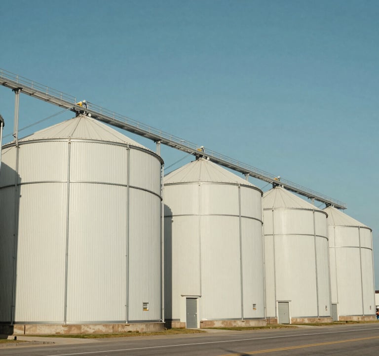A sharp, clear image of an agricultural storage facility during the day, with bright off-white and sky blue tones, representing the agricultural commodity value chain.