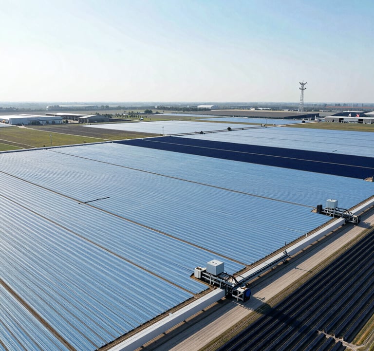 Professional aerial view of a large-scale commercial agricultural project in Global / Emerging Markets. The composition shows precise agricultural engineering and rows of crops under a bright, high-contrast sky, utilizing a palette of light blue and dark navy.