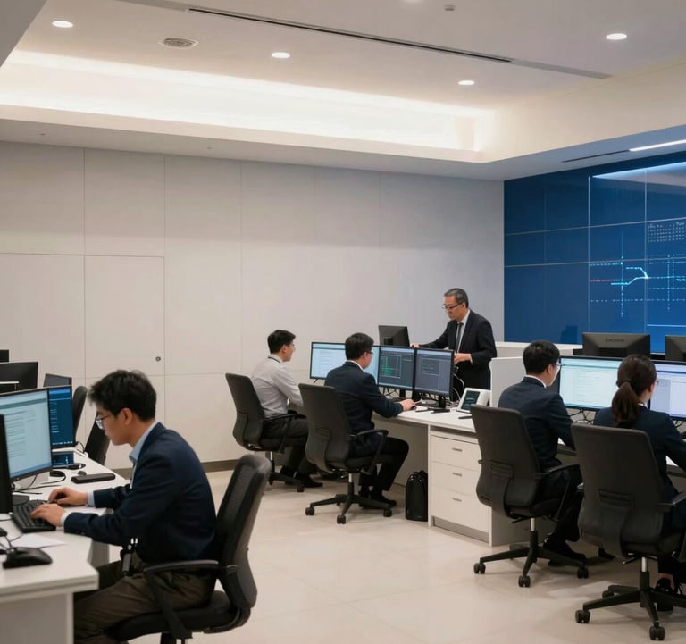 An interior shot of a contemporary financial exchange floor in a Southeast Asian metropolis. Professional traders are working in a clean, high-tech environment. The lighting is cool-toned with off-white and deep blue accents, conveying sophisticated financial engineering.