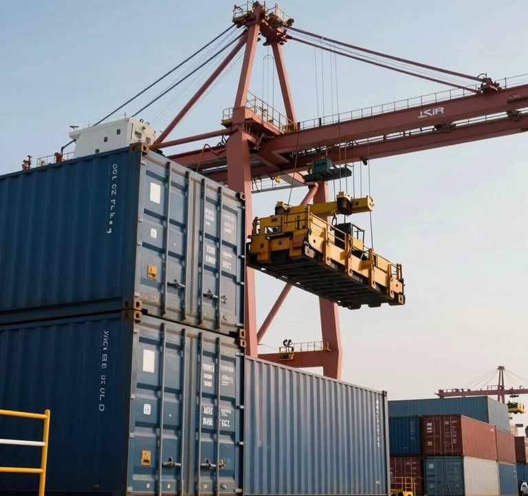 A close-up of a maritime trade port with steel-blue shipping containers being organized by a crane against a clear morning sky. Global / Emerging Markets setting, clean and authoritative composition representing commodity flows and trade logistics.