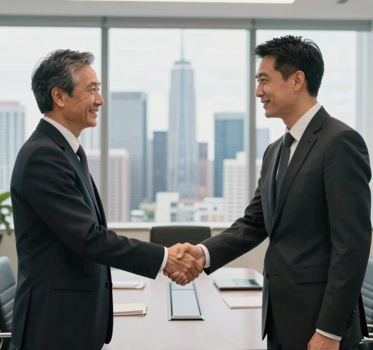 Two professionals in formal business attire shaking hands in a bright, modern boardroom with a backdrop of a skyscraper-filled skyline in an Emerging Markets financial hub.
