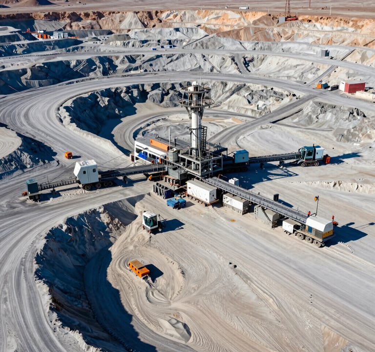 A large-scale mining operation in a desert landscape within a Global / Emerging Markets region, showing modern equipment and organized logistics. High-contrast photography with a focus on deep blue shadows and off-white sands, emphasizing sector expertise.